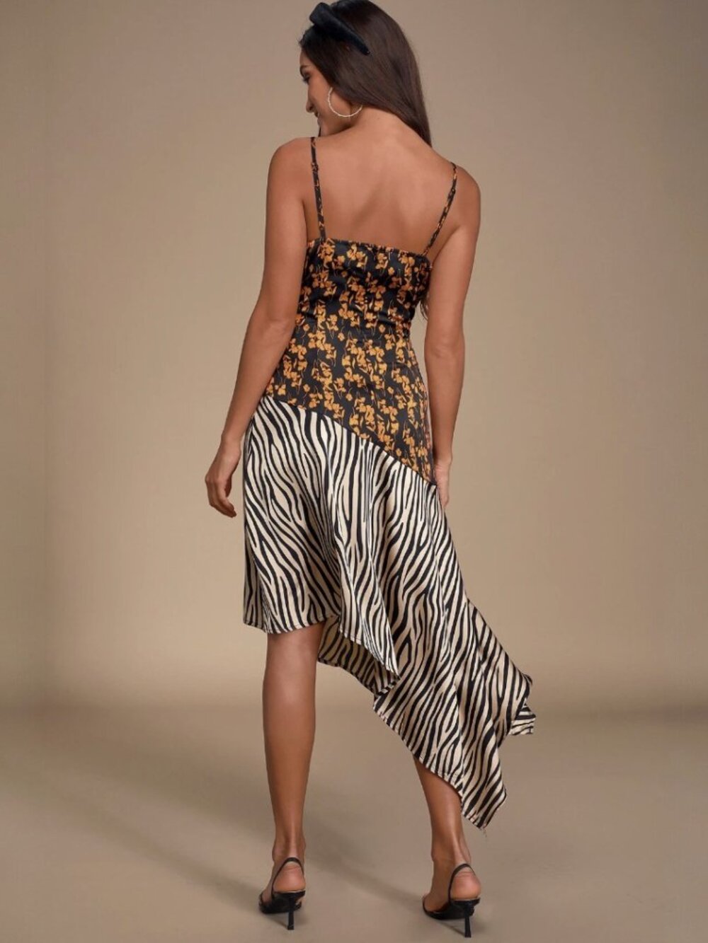 Lulus Gold Mine Black Multi Print Satin Asymmetrical Midi Dress NWT - Picture 2 of 10